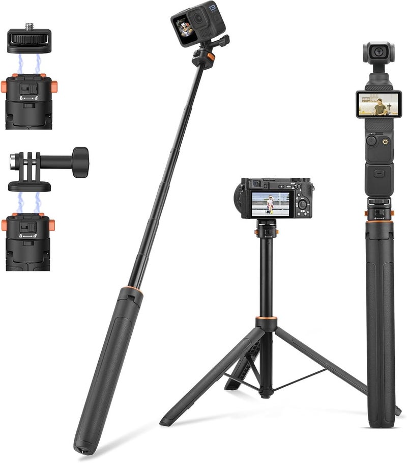 BRDRC 64in Pocket 3 Selfie Stick Tripod for GoPro Camera, Extendable Stand with Quick Release 1/4'' Screw Vlog for DJI Osmo Pocket 3 Action 5 Pro 4 3 for Insta360 X4 X3 X2 for AKASO DSLR Accessories - Image 1